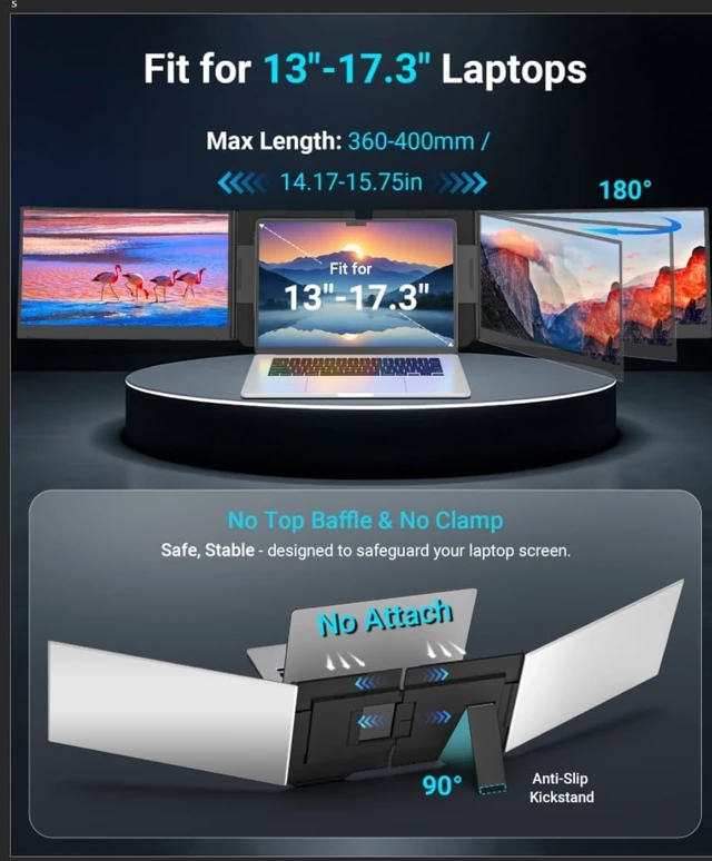 Alt view image 5 of 7 - 15.6" Laptop Screen Extender, 1080P FHD Triple Portable Monitor for Laptops, Ultra-Slim Travel Dual Monitor Fit for 12"-17.3" Laptops, USB-C Plug&Play Extended Screen Compatible with Win/Mac/Android