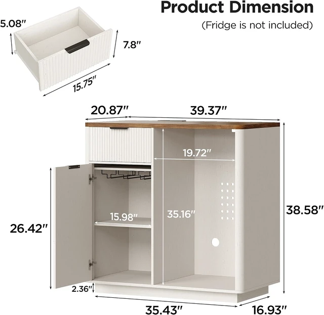 Alt view image 2 of 7 - Mini Fridge Cabinet, Coffee Bar Cabinet with Fridge Space, Distressed White