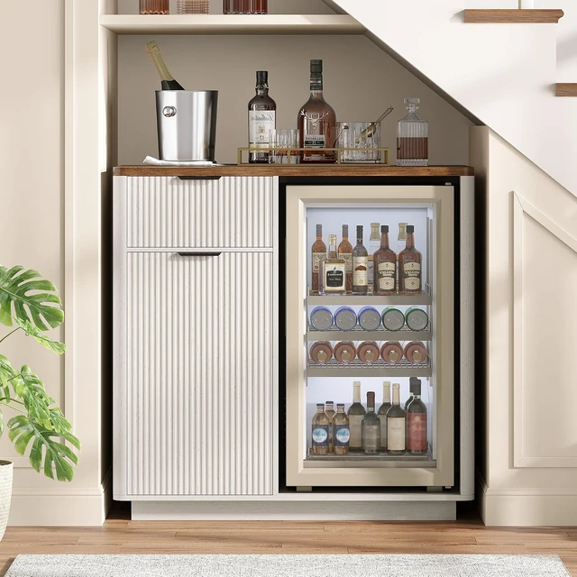 Alt view image 3 of 7 - Mini Fridge Cabinet, Coffee Bar Cabinet with Fridge Space, Distressed White