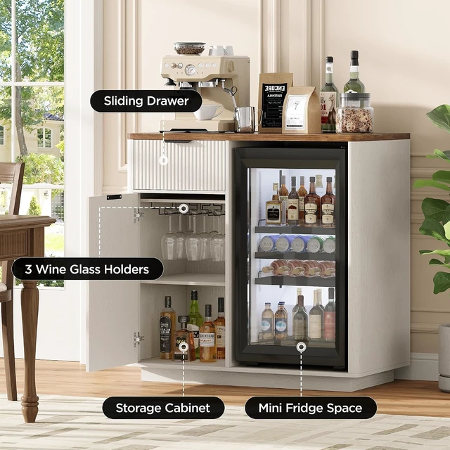 Alt view image 4 of 7 - Mini Fridge Cabinet, Coffee Bar Cabinet with Fridge Space, Distressed White