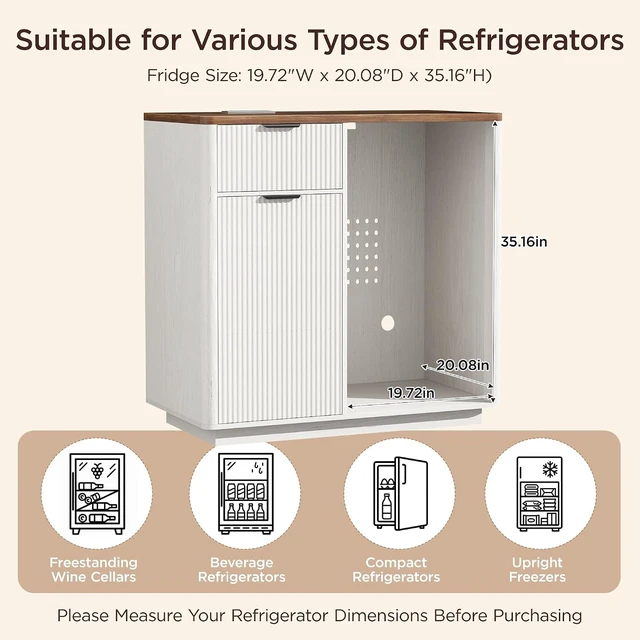 Alt view image 5 of 7 - Mini Fridge Cabinet, Coffee Bar Cabinet with Fridge Space, Distressed White