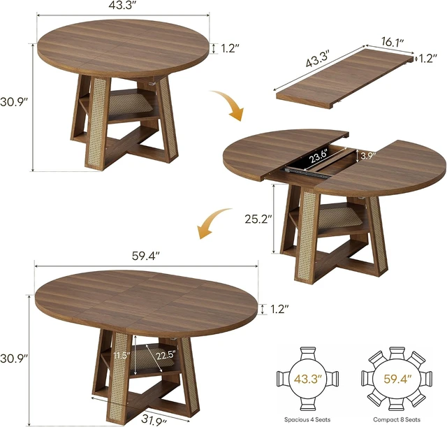 Alt view image 2 of 7 - Dining Table, 43"-59" Extendable Round to Oval with Storage, Walnut