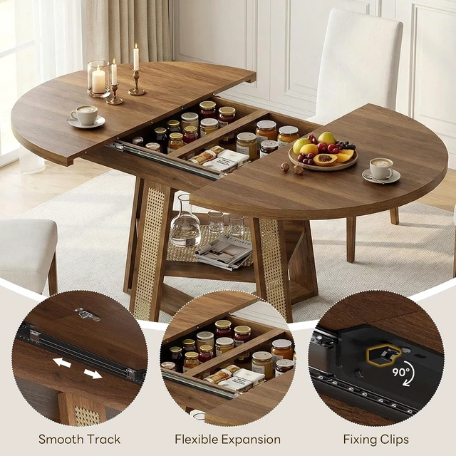 Alt view image 3 of 7 - Dining Table, 43"-59" Extendable Round to Oval with Storage, Walnut