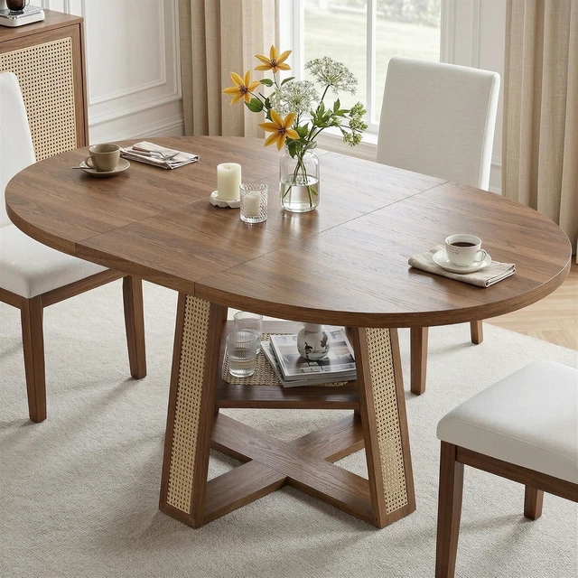 Alt view image 7 of 7 - Dining Table, 43"-59" Extendable Round to Oval with Storage, Walnut