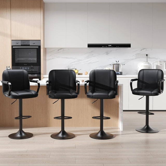 Main image of Set of 4 Kitchen Bar Stools with Armrest and Back - Sillas para Barra de Cocina, Adjustable Barstools for Island Counter, Bar Chairs, Bancos para Barra de Cocina, Black Finish