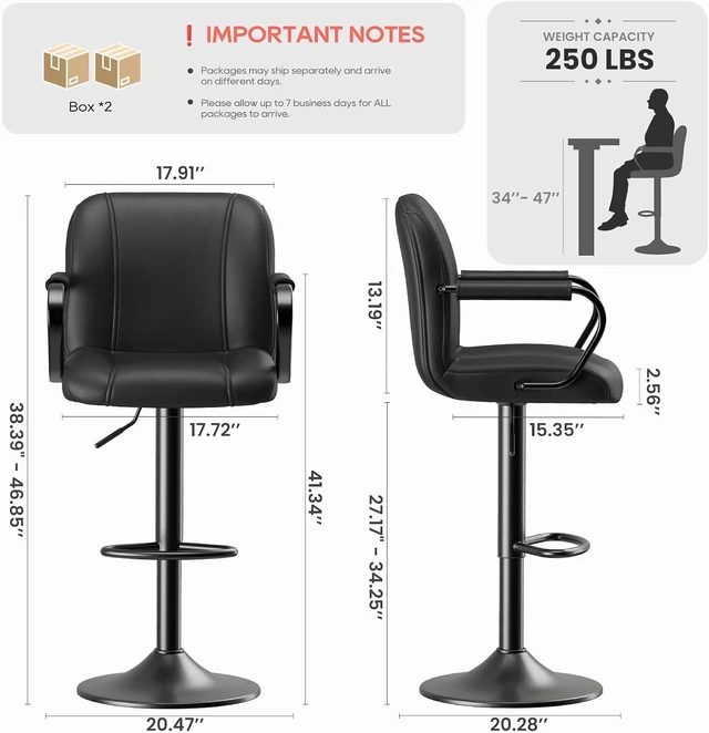 Alt view image 2 of 7 - Set of 4 Kitchen Bar Stools with Armrest and Back - Sillas para Barra de Cocina, Adjustable Barstools for Island Counter, Bar Chairs, Bancos para Barra de Cocina, Black Finish