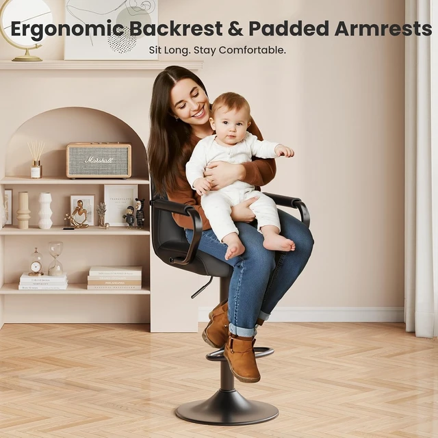 Alt view image 4 of 7 - Set of 4 Kitchen Bar Stools with Armrest and Back - Sillas para Barra de Cocina, Adjustable Barstools for Island Counter, Bar Chairs, Bancos para Barra de Cocina, Black Finish