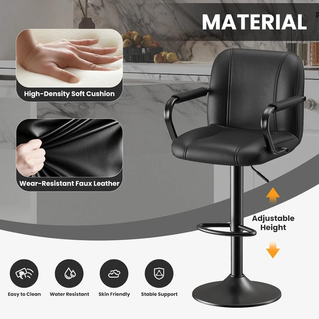 Alt view image 5 of 7 - Set of 4 Kitchen Bar Stools with Armrest and Back - Sillas para Barra de Cocina, Adjustable Barstools for Island Counter, Bar Chairs, Bancos para Barra de Cocina, Black Finish