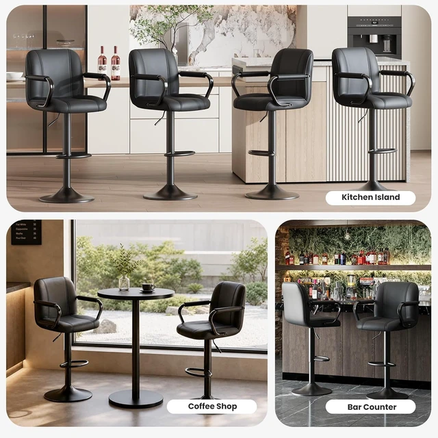 Alt view image 6 of 7 - Set of 4 Kitchen Bar Stools with Armrest and Back - Sillas para Barra de Cocina, Adjustable Barstools for Island Counter, Bar Chairs, Bancos para Barra de Cocina, Black Finish