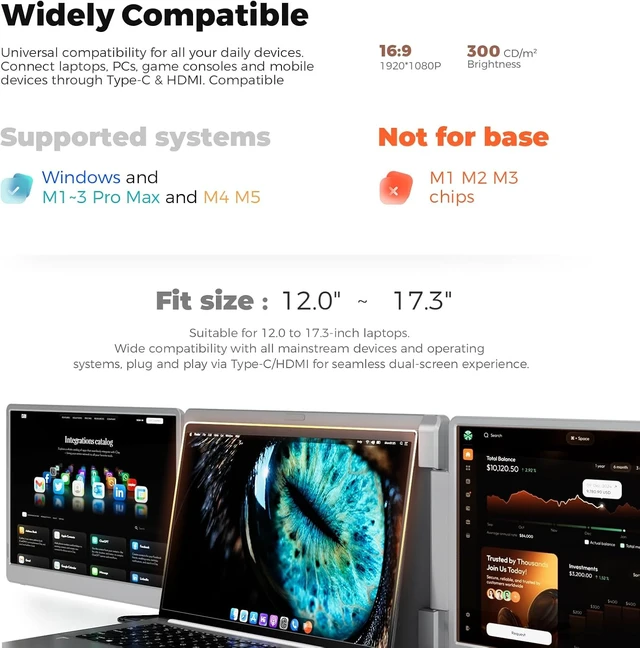 Alt view image 5 of 7 - Laptop Screen Extender, 15.6" FHD Laptop Monitor Extender, Triple Portable Monitor for 12"-17.3" Laptops, Plug & Play, 360° Rotation Screen, Compatible with MacOS/Wins/Switch/Surface