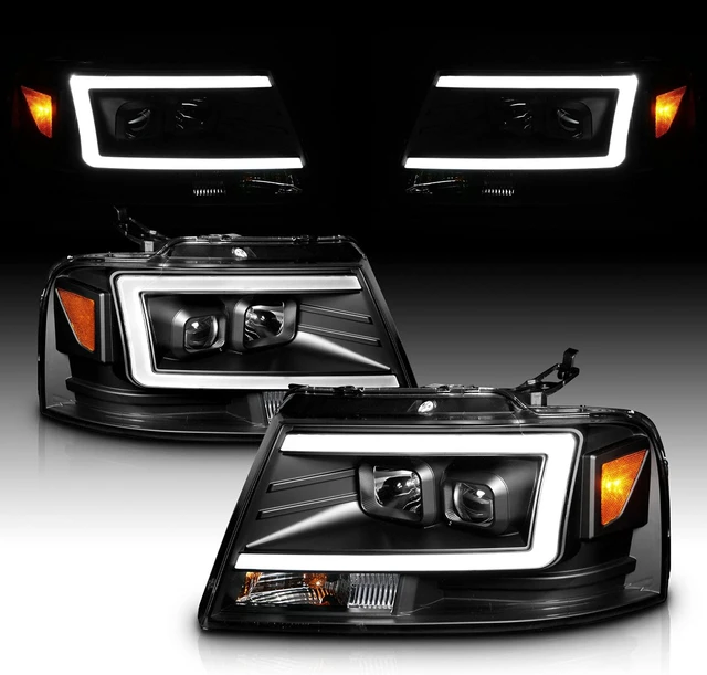 Alt view image 2 of 7 - For 2004-2008 Ford F-150 Truck C-Type LED Tube Square Black Projector Headlights Assembly Pair - Driver and Passenger
