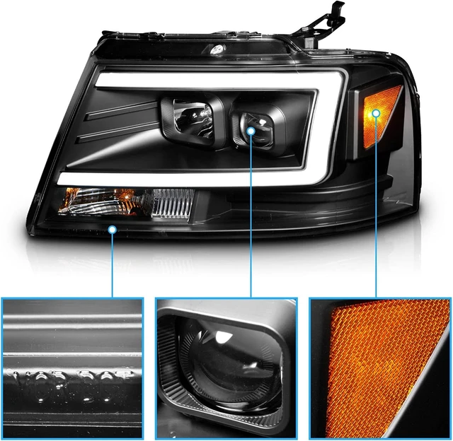 Alt view image 3 of 7 - For 2004-2008 Ford F-150 Truck C-Type LED Tube Square Black Projector Headlights Assembly Pair - Driver and Passenger