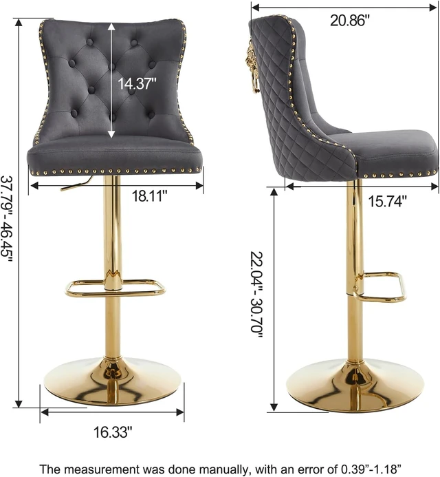 Alt view image 2 of 7 - Swivel Gold Bar Stools Set of 2, Velvet Adjustable Barstools with Tufted Back, Nailheads Trim and Pull Ring, Counter Height Upholstered Bar Chairs for Kitchen Island Restaurant Home (Darkgrey-Gold)