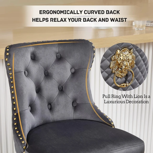 Alt view image 3 of 7 - Swivel Gold Bar Stools Set of 2, Velvet Adjustable Barstools with Tufted Back, Nailheads Trim and Pull Ring, Counter Height Upholstered Bar Chairs for Kitchen Island Restaurant Home (Darkgrey-Gold)