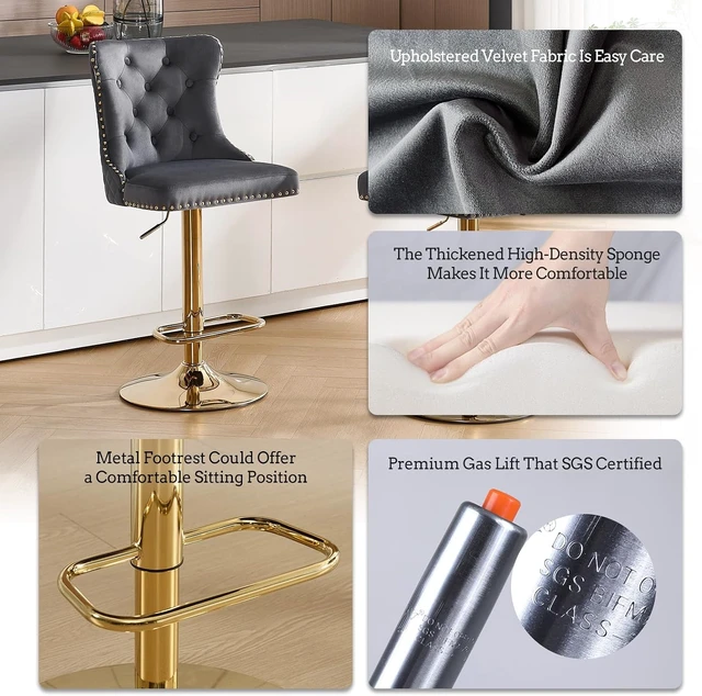 Alt view image 4 of 7 - Swivel Gold Bar Stools Set of 2, Velvet Adjustable Barstools with Tufted Back, Nailheads Trim and Pull Ring, Counter Height Upholstered Bar Chairs for Kitchen Island Restaurant Home (Darkgrey-Gold)