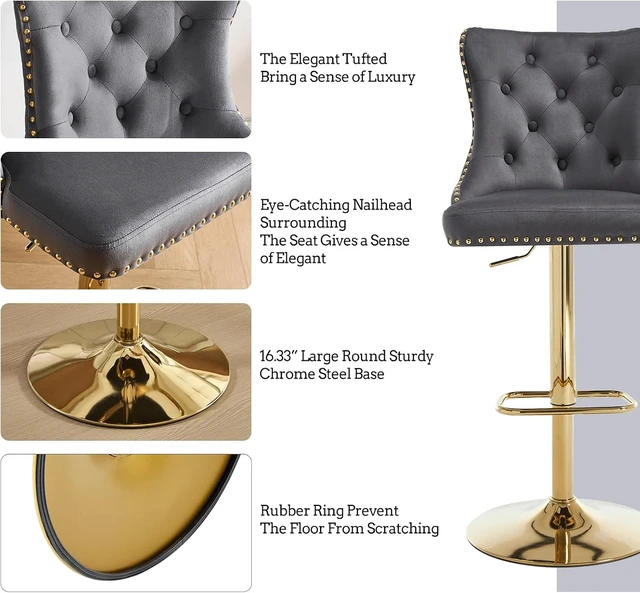 Alt view image 5 of 7 - Swivel Gold Bar Stools Set of 2, Velvet Adjustable Barstools with Tufted Back, Nailheads Trim and Pull Ring, Counter Height Upholstered Bar Chairs for Kitchen Island Restaurant Home (Darkgrey-Gold)