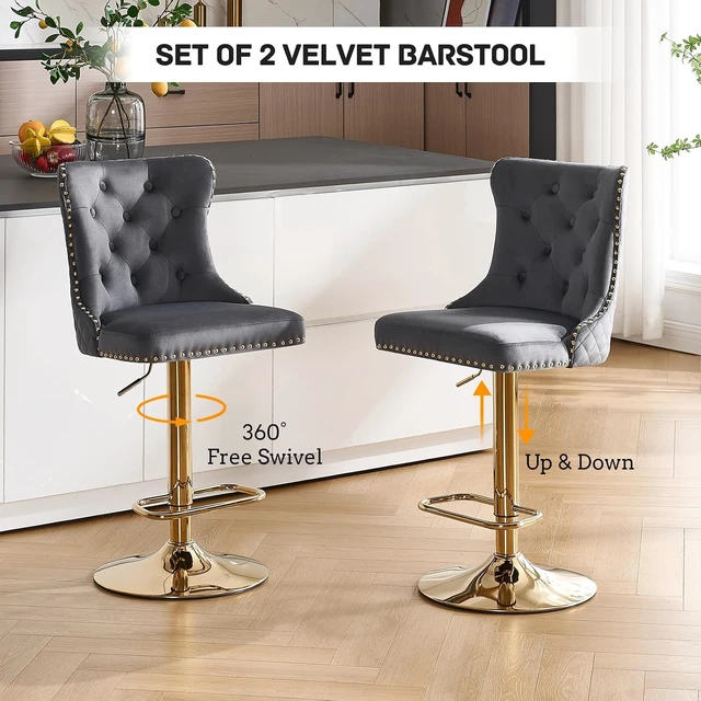 Alt view image 6 of 7 - Swivel Gold Bar Stools Set of 2, Velvet Adjustable Barstools with Tufted Back, Nailheads Trim and Pull Ring, Counter Height Upholstered Bar Chairs for Kitchen Island Restaurant Home (Darkgrey-Gold)
