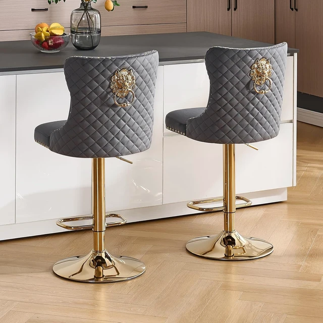 Alt view image 7 of 7 - Swivel Gold Bar Stools Set of 2, Velvet Adjustable Barstools with Tufted Back, Nailheads Trim and Pull Ring, Counter Height Upholstered Bar Chairs for Kitchen Island Restaurant Home (Darkgrey-Gold)