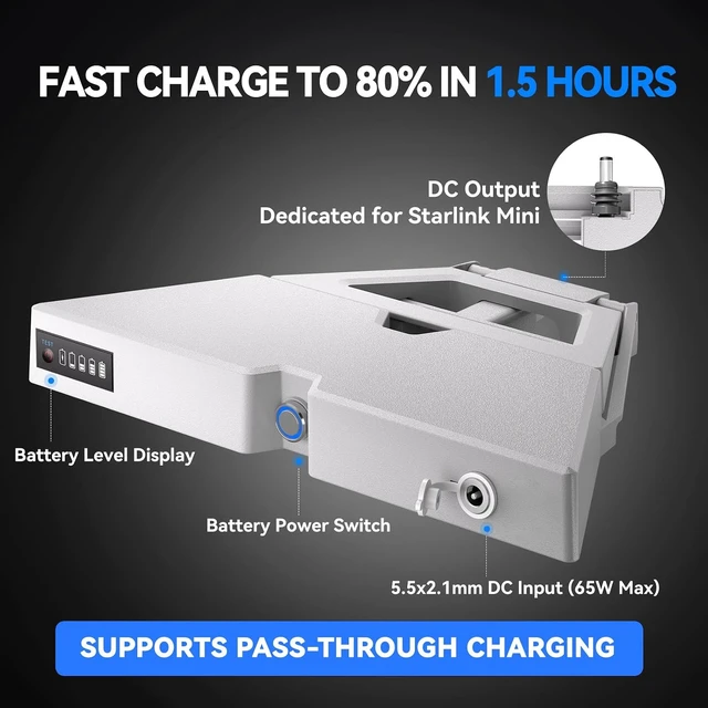 Alt view image 4 of 7 - E100 Starlink Mini Battery Pack with Charger, 99Wh 27600mAh Capacity, Air Travel Safe, Up to 5 Hours Runtime, IP65 Water-Resistant, Pass-Through Charging Supported