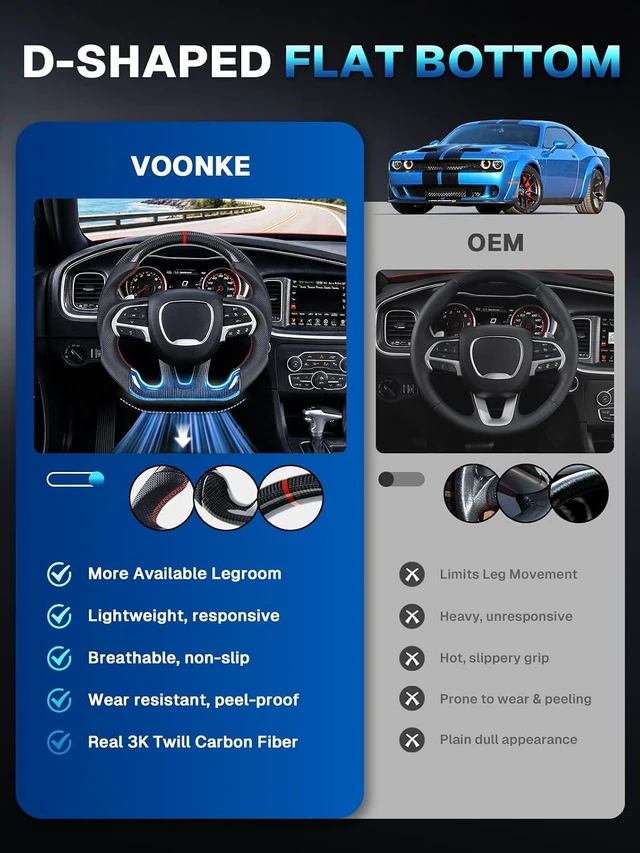 Alt view image 5 of 7 - Real 3K Carbon Fiber Steering Wheel For Dodge/Jeep Grand Cherokee/SXT/GT/RT/SRT/HELLCAT D-shaped Nappa Perforated Leather Flat-bottom Steering Wheel
