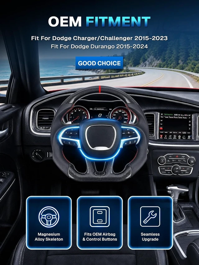 Alt view image 4 of 7 - Real 3K Carbon Fiber Steering Wheel For Dodge/Jeep Grand Cherokee/SXT/GT/RT/SRT/HELLCAT D-shaped Nappa Perforated Leather Flat-bottom Steering Wheel
