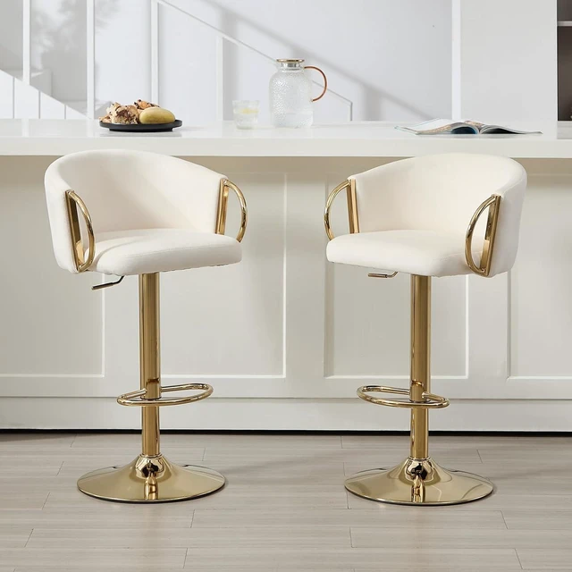 Main image of Velvet Bar Stools Set of 2, Adjustable 360° Swivel Counter Height Bar Chairs with Backs & Armrests, Gold Bar Stools for Kitchen Island & Home Bar, Cream