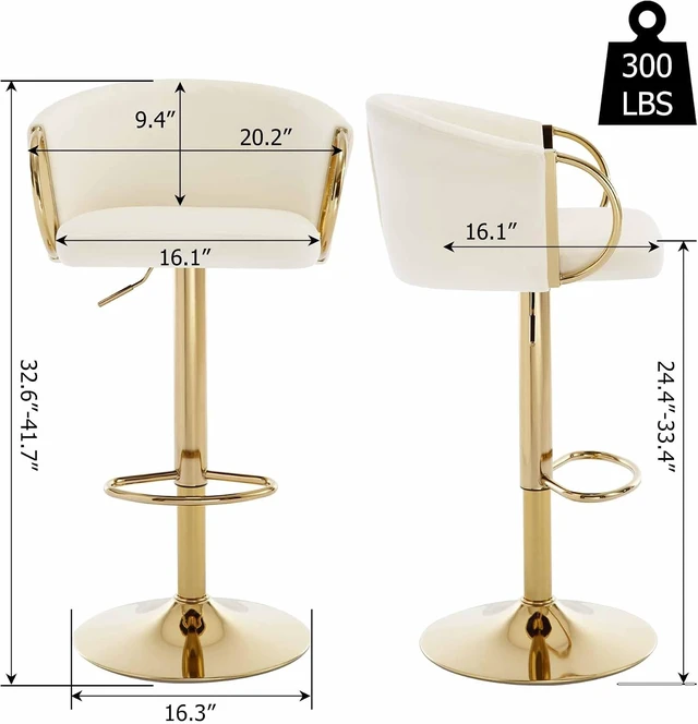Alt view image 2 of 7 - Velvet Bar Stools Set of 2, Adjustable 360° Swivel Counter Height Bar Chairs with Backs & Armrests, Gold Bar Stools for Kitchen Island & Home Bar, Cream