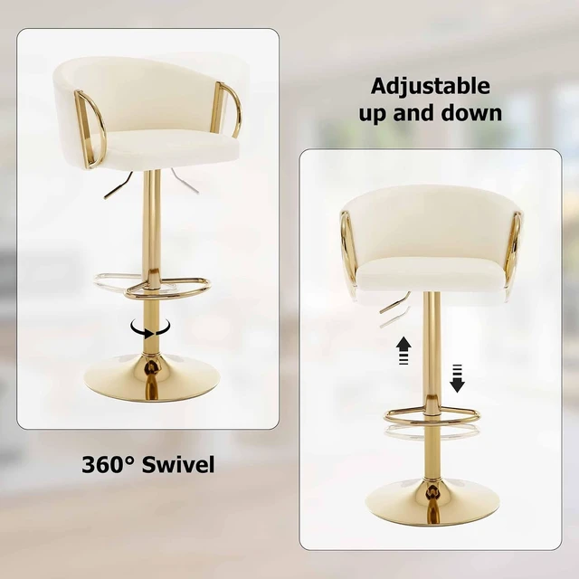 Alt view image 4 of 7 - Velvet Bar Stools Set of 2, Adjustable 360° Swivel Counter Height Bar Chairs with Backs & Armrests, Gold Bar Stools for Kitchen Island & Home Bar, Cream