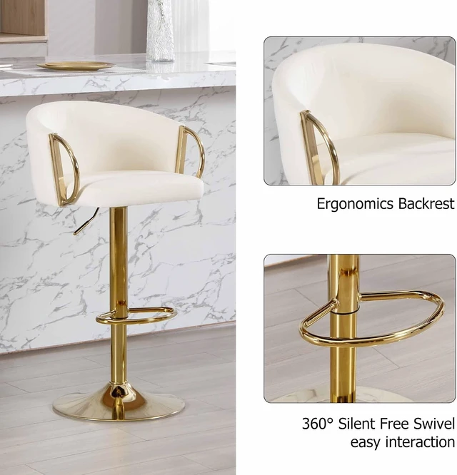Alt view image 5 of 7 - Velvet Bar Stools Set of 2, Adjustable 360° Swivel Counter Height Bar Chairs with Backs & Armrests, Gold Bar Stools for Kitchen Island & Home Bar, Cream