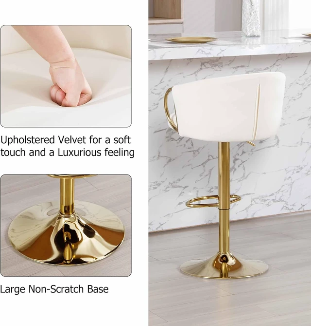 Alt view image 6 of 7 - Velvet Bar Stools Set of 2, Adjustable 360° Swivel Counter Height Bar Chairs with Backs & Armrests, Gold Bar Stools for Kitchen Island & Home Bar, Cream