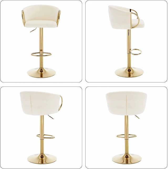 Alt view image 7 of 7 - Velvet Bar Stools Set of 2, Adjustable 360° Swivel Counter Height Bar Chairs with Backs & Armrests, Gold Bar Stools for Kitchen Island & Home Bar, Cream