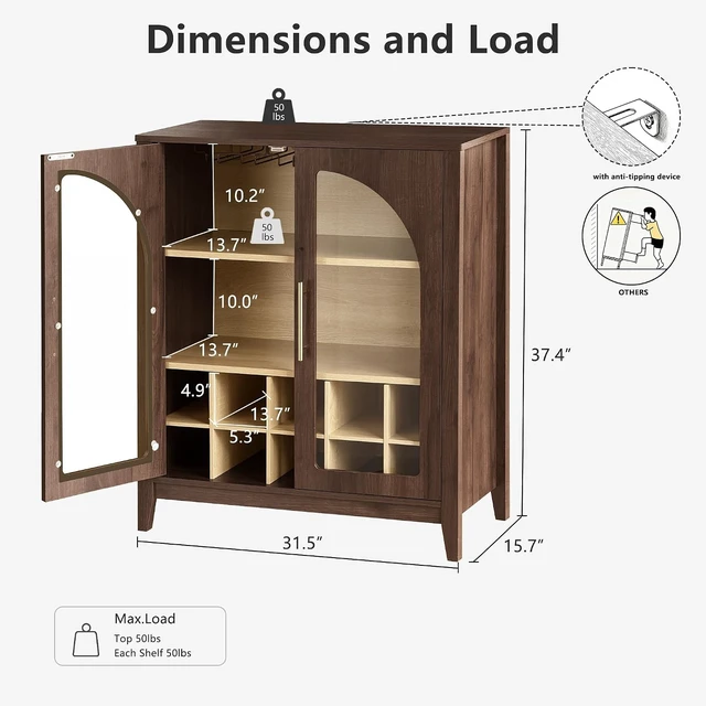Alt view image 2 of 7 - 31.5" Coffee Bar Cabinet Arched Glass Doors, Walnut Wine Cabinet