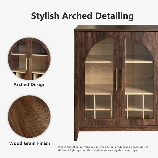 Alt view image 3 of 7 - 31.5" Coffee Bar Cabinet Arched Glass Doors, Walnut Wine Cabinet