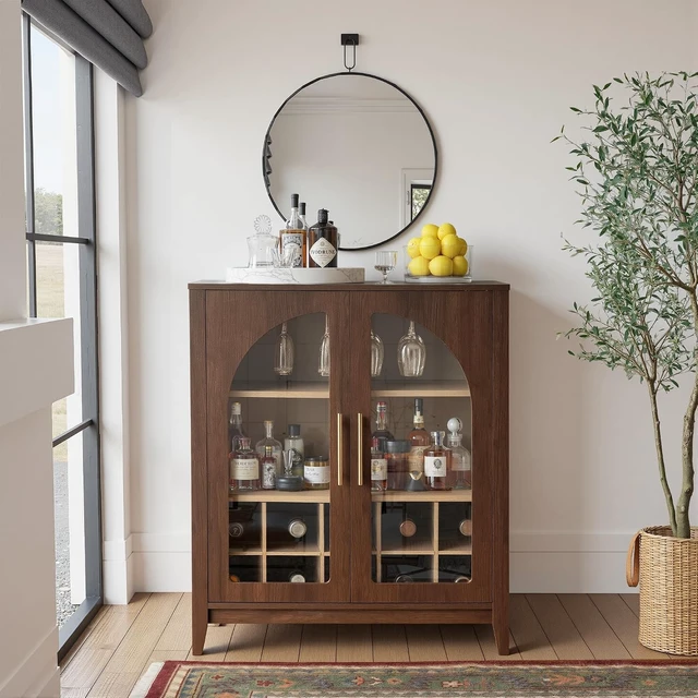 Alt view image 5 of 7 - 31.5" Coffee Bar Cabinet Arched Glass Doors, Walnut Wine Cabinet