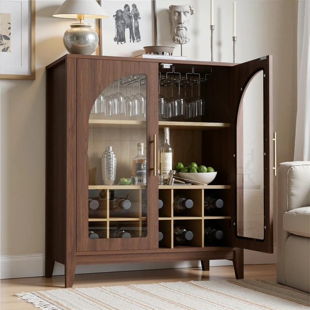 Alt view image 6 of 7 - 31.5" Coffee Bar Cabinet Arched Glass Doors, Walnut Wine Cabinet