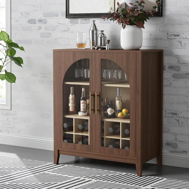 Alt view image 7 of 7 - 31.5" Coffee Bar Cabinet Arched Glass Doors, Walnut Wine Cabinet