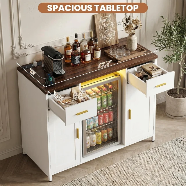Alt view image 6 of 7 - Coffee Bar Cabinet with Mini Fridge Space & Power Outlet, White
