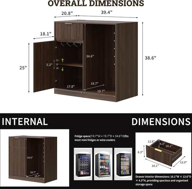 Alt view image 2 of 7 - Mini Fridge Cabinet with Power Outlet, Coffee Bar Cabinet with Fridge Space & Wine Glass Rack, Fluted Buffet Sideboard with Drawer & Adjustable Shelf, Home Bar Cabinet for Living, Dining Room Kitchen