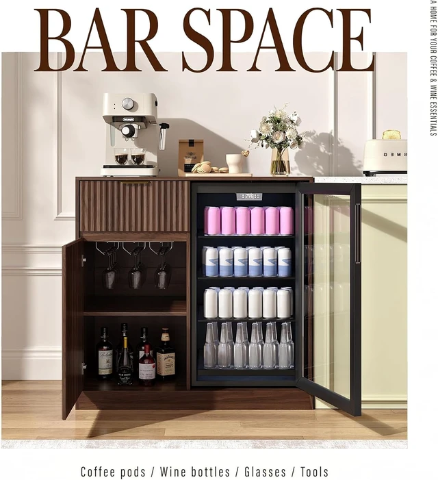 Alt view image 3 of 7 - Mini Fridge Cabinet with Power Outlet, Coffee Bar Cabinet with Fridge Space & Wine Glass Rack, Fluted Buffet Sideboard with Drawer & Adjustable Shelf, Home Bar Cabinet for Living, Dining Room Kitchen