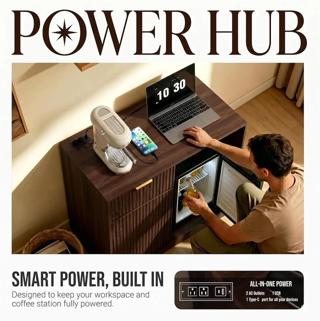 Alt view image 4 of 7 - Mini Fridge Cabinet with Power Outlet, Coffee Bar Cabinet with Fridge Space & Wine Glass Rack, Fluted Buffet Sideboard with Drawer & Adjustable Shelf, Home Bar Cabinet for Living, Dining Room Kitchen