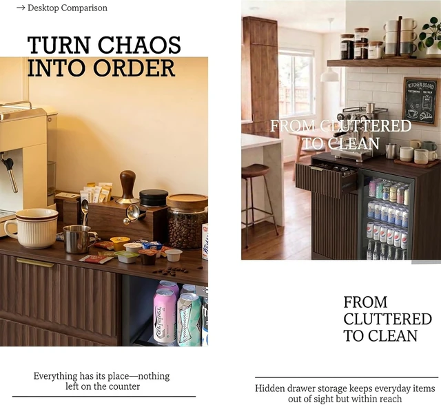 Alt view image 5 of 7 - Mini Fridge Cabinet with Power Outlet, Coffee Bar Cabinet with Fridge Space & Wine Glass Rack, Fluted Buffet Sideboard with Drawer & Adjustable Shelf, Home Bar Cabinet for Living, Dining Room Kitchen