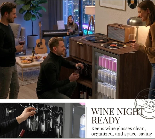 Alt view image 6 of 7 - Mini Fridge Cabinet with Power Outlet, Coffee Bar Cabinet with Fridge Space & Wine Glass Rack, Fluted Buffet Sideboard with Drawer & Adjustable Shelf, Home Bar Cabinet for Living, Dining Room Kitchen