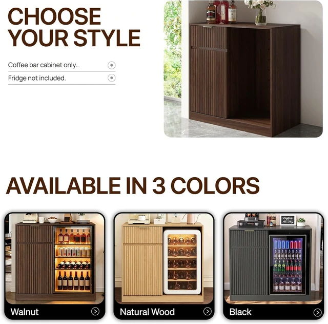 Alt view image 7 of 7 - Mini Fridge Cabinet with Power Outlet, Coffee Bar Cabinet with Fridge Space & Wine Glass Rack, Fluted Buffet Sideboard with Drawer & Adjustable Shelf, Home Bar Cabinet for Living, Dining Room Kitchen