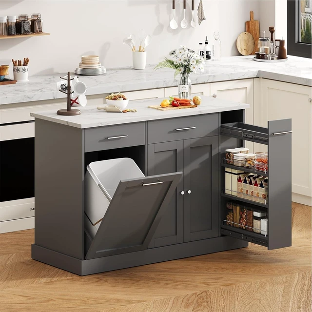 Main image of 53 Inch Kitchen Island with Trash Can Storage, Rolling Island Table, Grey