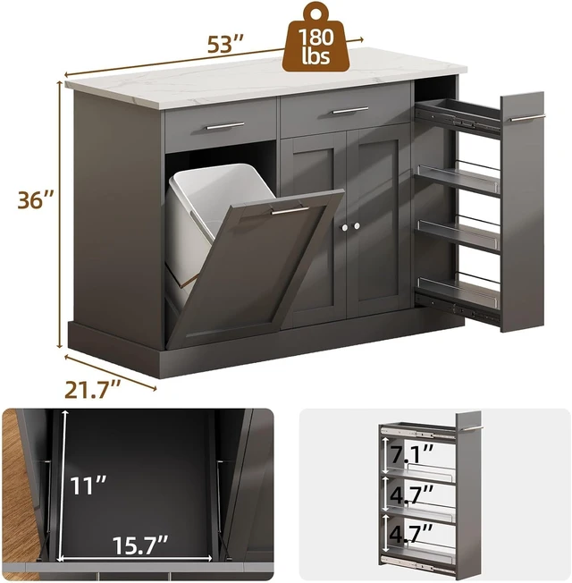 Alt view image 2 of 7 - 53 Inch Kitchen Island with Trash Can Storage, Rolling Island Table, Grey