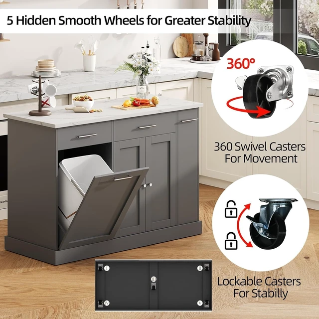 Alt view image 5 of 7 - 53 Inch Kitchen Island with Trash Can Storage, Rolling Island Table, Grey