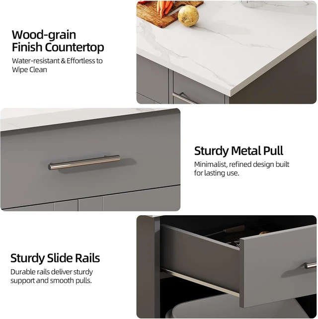 Alt view image 6 of 7 - 53 Inch Kitchen Island with Trash Can Storage, Rolling Island Table, Grey