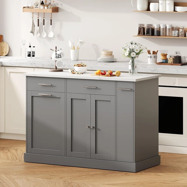 Alt view image 7 of 7 - 53 Inch Kitchen Island with Trash Can Storage, Rolling Island Table, Grey