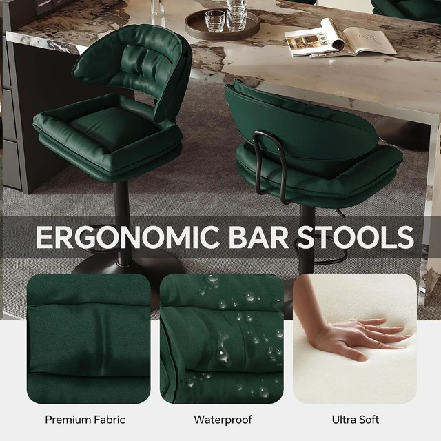 Alt view image 3 of 5 - Modern Bar Stools Set of 4, Spacious Ergonomic Double-Layer Cushion Upholstered Swivel Bar Stools with Backrest, Adjustable for Kitchen Island,Green