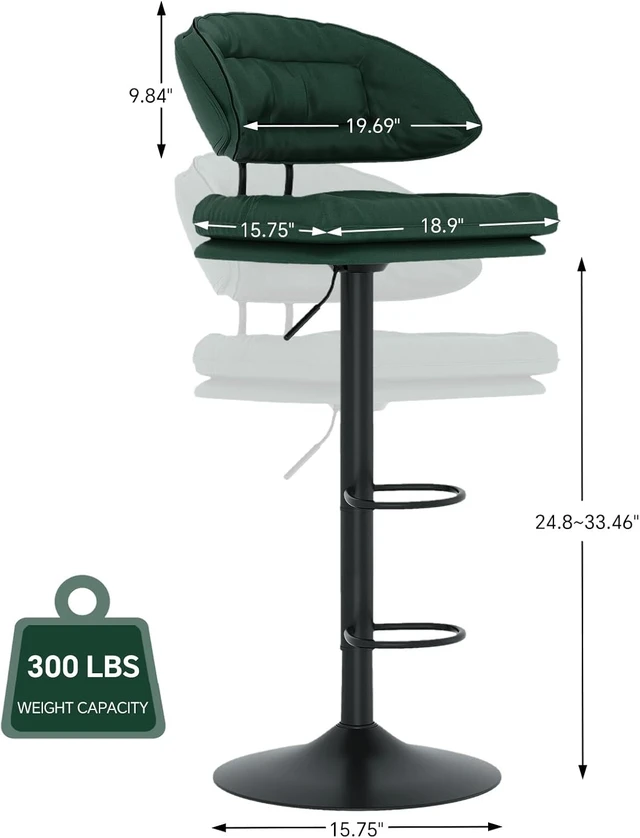Alt view image 2 of 5 - Modern Bar Stools Set of 4, Spacious Ergonomic Double-Layer Cushion Upholstered Swivel Bar Stools with Backrest, Adjustable for Kitchen Island,Green